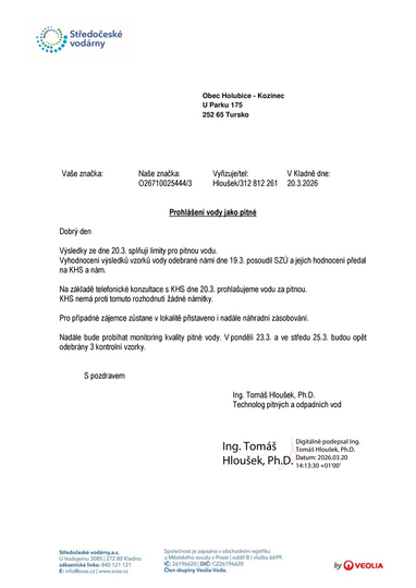 20.3.2026_Prohlášení SVAS_Holubice, prohlášení vody jako pitné