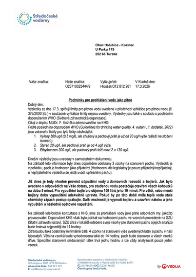 Holubice, podmínky pro prohlášení vody jako pitné