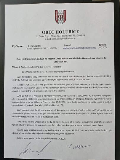 Zápis z jednání SVAS x obec Holubice ze dne 26.3.2026